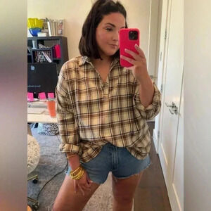 AEMI + CO Oversized Fall Flannel Pullover in Cream & Brown Plaid  S, M, L